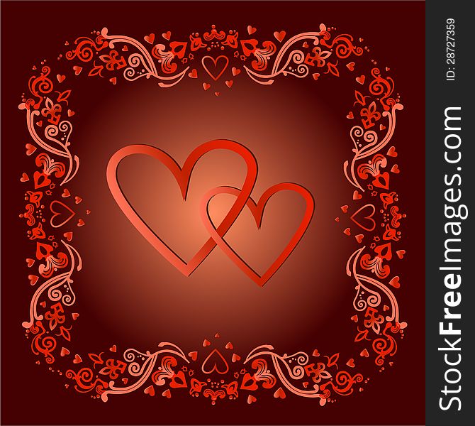 Two red hearts in a frame in a vector Postcard Valentines day. Two red hearts in a frame in a vector Postcard Valentines day