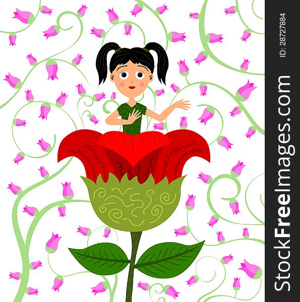 A cute illustration of a girl inside a flower. A cute illustration of a girl inside a flower