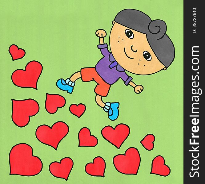 Illustration of a young man going up a pile of hearts. Illustration of a young man going up a pile of hearts