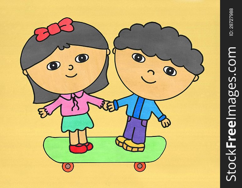 Cute illustration of a young couple holding hands on a skateboard. Cute illustration of a young couple holding hands on a skateboard