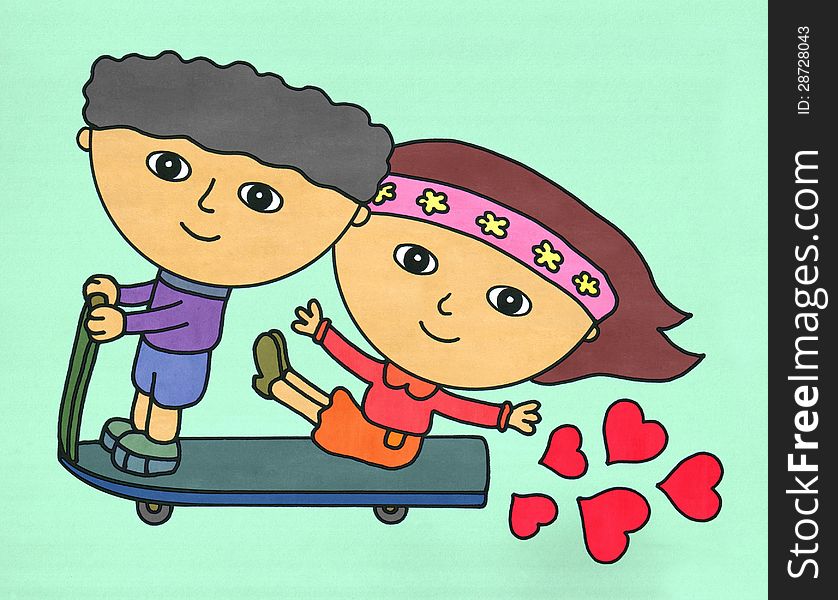 Cute illustration of two happy couple riding a trolley. Cute illustration of two happy couple riding a trolley