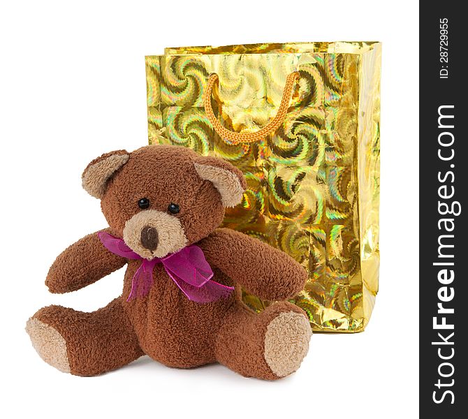 Teddy bear with a cardboard gift box