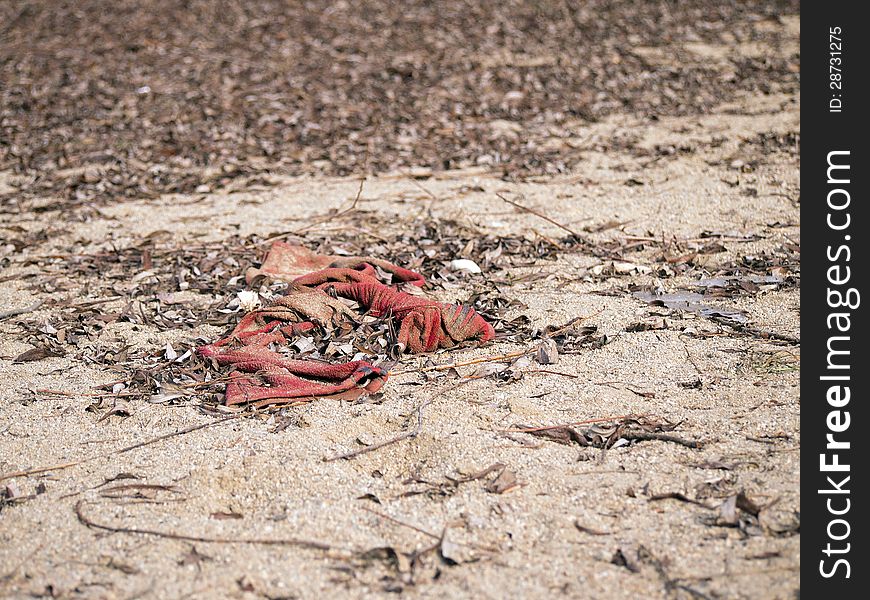 An old red rag on a sandy beach. An old red rag on a sandy beach