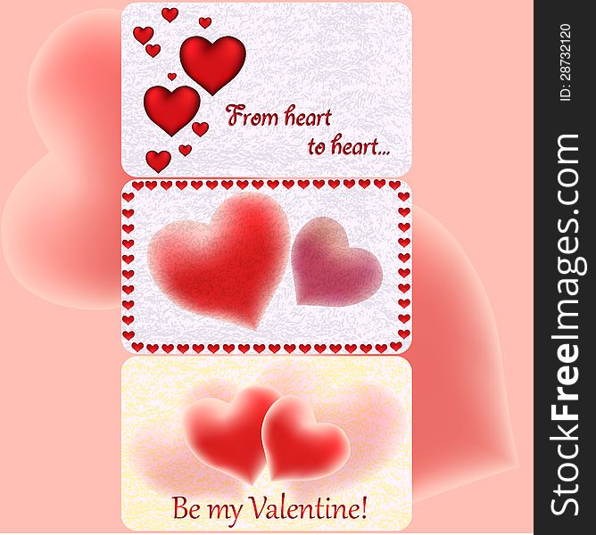 Three Valentine`s greeting cards with hearts and cute background