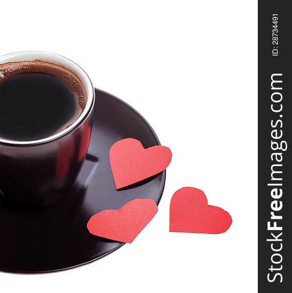 Three heart of red paper and some black coffee in a cup of black on a white background. Three heart of red paper and some black coffee in a cup of black on a white background