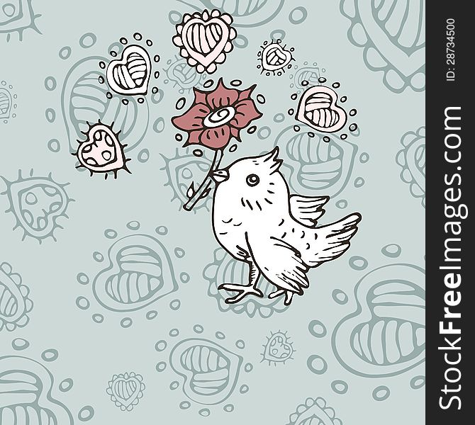 Pale blue card with sketchy bird and flower