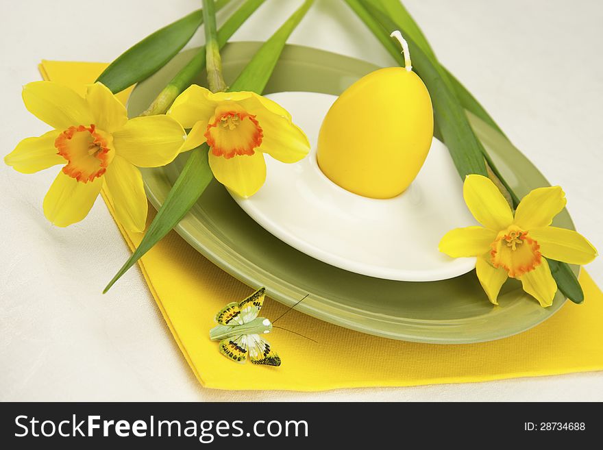 Easter composition with spring flowers and plate for eggs. Easter composition with spring flowers and plate for eggs