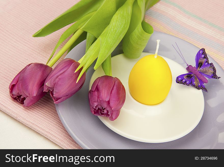 Easter srill life with spring flowers and plate for eggs. Easter srill life with spring flowers and plate for eggs