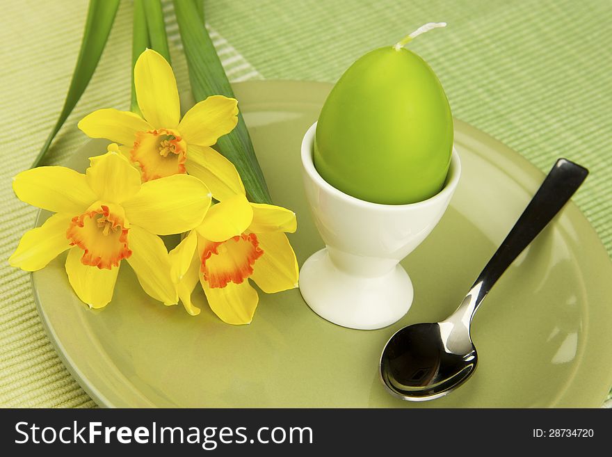 Easter composition with spring flowers and plate for eggs. Easter composition with spring flowers and plate for eggs