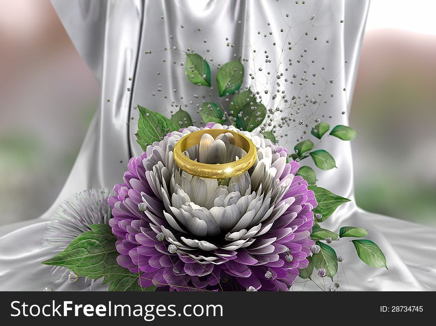 Isolate on white holiday and wedding background with chrysanthemum and ring