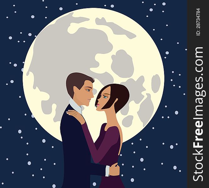 Young man and woman looking at each other with loving eyes on the background of the moon. Young man and woman looking at each other with loving eyes on the background of the moon.