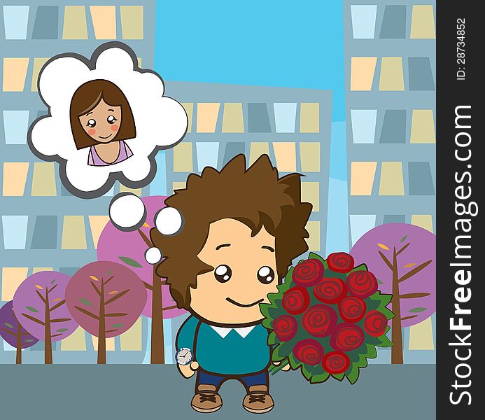 Young man with a bouquet of flowers waiting for a girl. Young man with a bouquet of flowers waiting for a girl