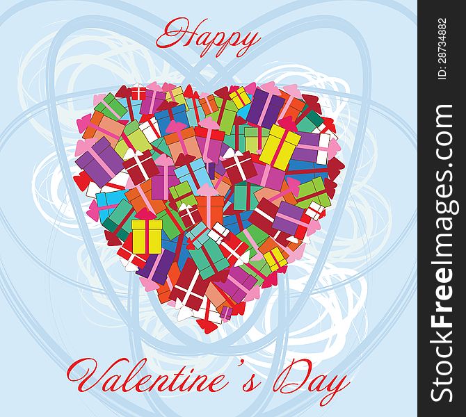 Heart of Valentines Day gifts on a blue abstract background. Heart of Valentines Day gifts on a blue abstract background