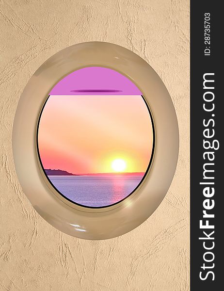 Photo composition of a ship or aeroplane porthole arriving at its holiday destination showing a beautiful sunset/sunrise scene over the ocean. Photo composition of a ship or aeroplane porthole arriving at its holiday destination showing a beautiful sunset/sunrise scene over the ocean.