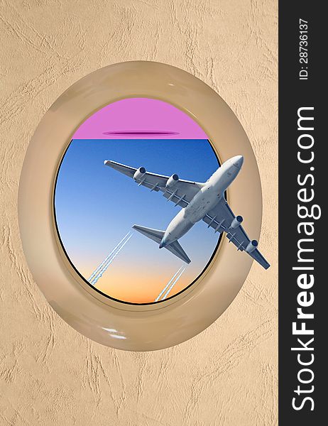 Photo composition abstract showing porthole with aeroplane flying through travelling to its holiday destination. Photo composition abstract showing porthole with aeroplane flying through travelling to its holiday destination.