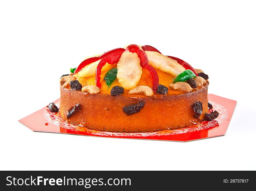 Fruit cake on a plate.