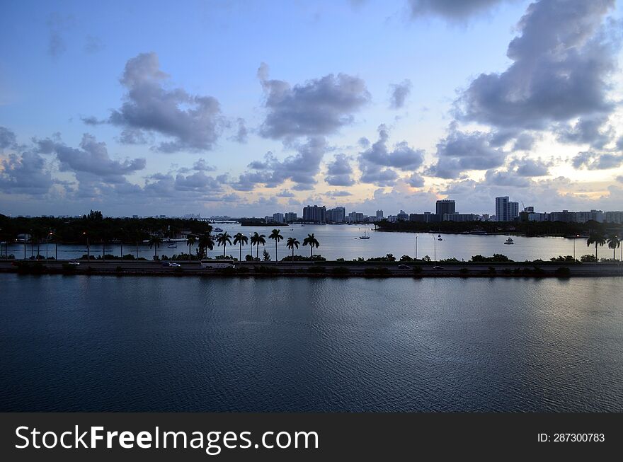 Wide angle view of Miami breach and the `intra-coastal waterway at dawn