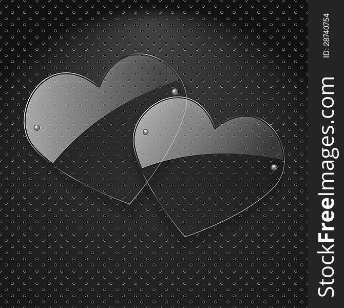 Vector two glass hearts over metal background. Vector two glass hearts over metal background