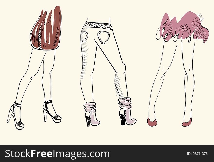 Three girls in fashionable shoes. Hand-drawn illustration. Three girls in fashionable shoes. Hand-drawn illustration.