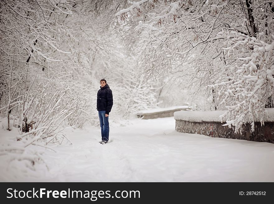 Winter walk on the nature among trees and strong snow. Winter walk on the nature among trees and strong snow