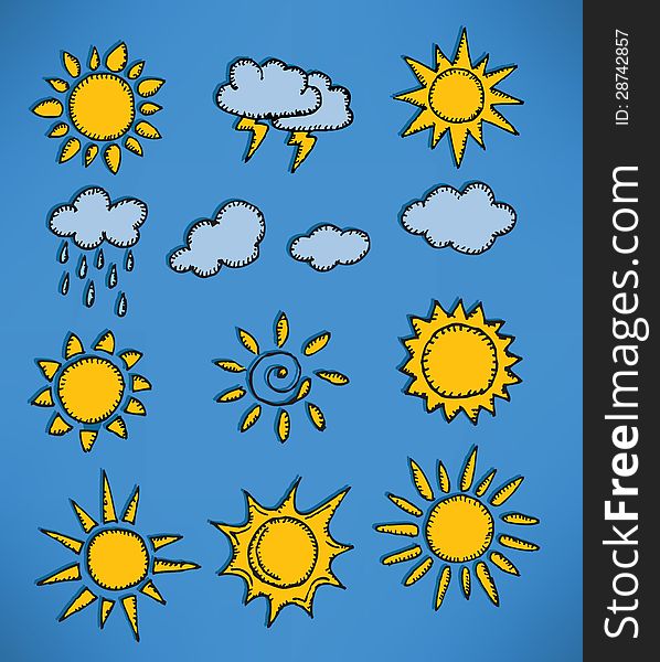 Hand drawn color weather icons (suns, clouds, rain). Hand drawn color weather icons (suns, clouds, rain)