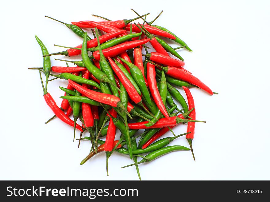 Red and green chilli  on white background.