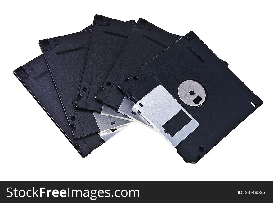 Old type magnetic floppy discs isolated over white background. Old type magnetic floppy discs isolated over white background.