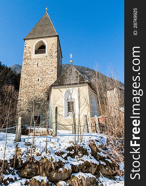 Church on the hill of Gais in Val Pusteria, South Tyrol, Italy.
