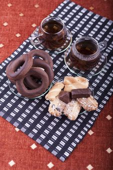 Two Cups Of Tea With Two Plates With Cookies Stock Images Two Cups Of Tea With Two Plates With Cookies Stock Images