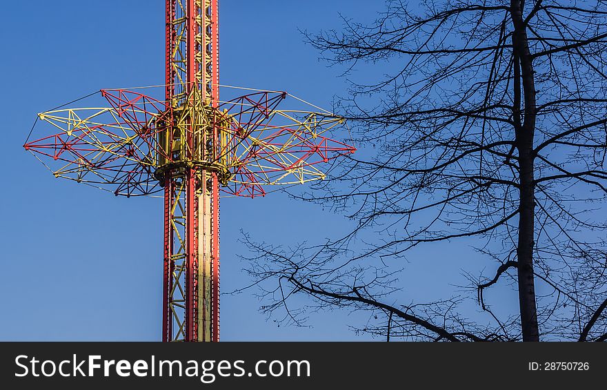 Drop tower in an amusement park in Chorzow, Silesia region, Poland.