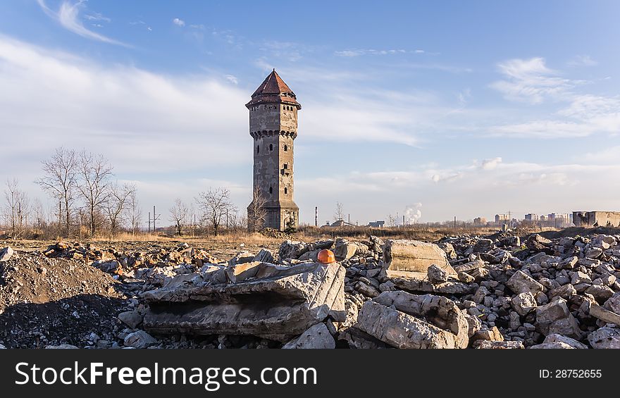 Industrial landscape with devastated water tower in former Uthemann Ironworks in Katowice, Silesia region, Poland