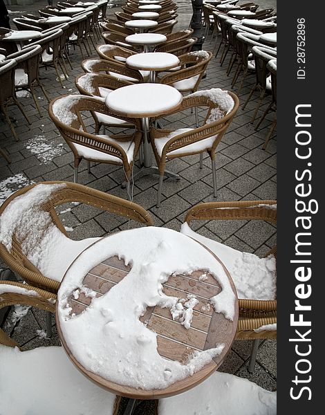 Coffee garden (beer garden) under snow. Coffee garden (beer garden) under snow