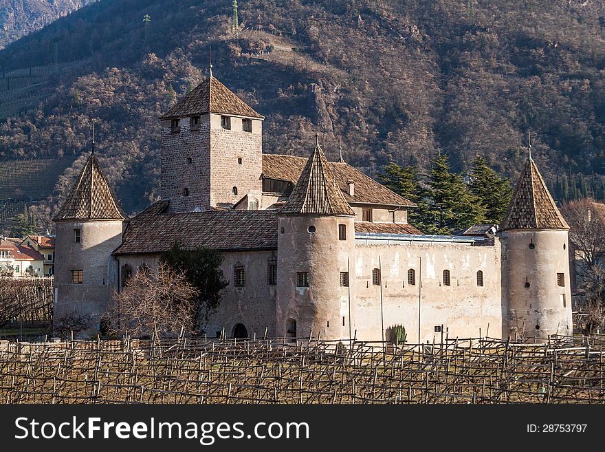 A medieval castle among vineyards in Bolzano. A medieval castle among vineyards in Bolzano