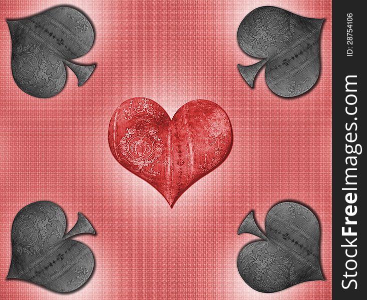 3d Heart and spades on red texture background effect