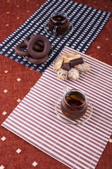 Two Cups Of Tea With Two Plates With Cookies Stock Photos Two Cups Of Tea With Two Plates With Cookies Stock Photos