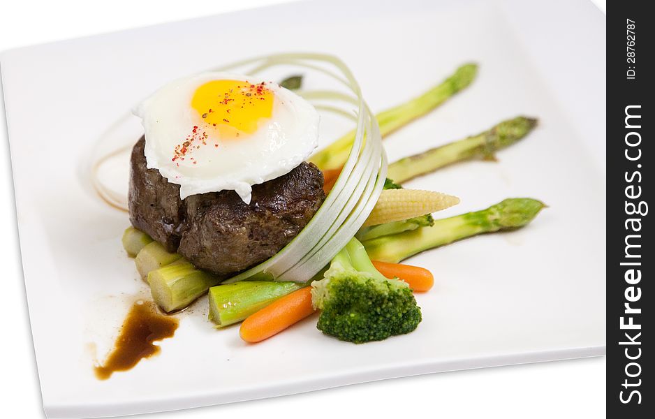 Steak  with egg  also vegetables on pair on breakfast. Steak  with egg  also vegetables on pair on breakfast