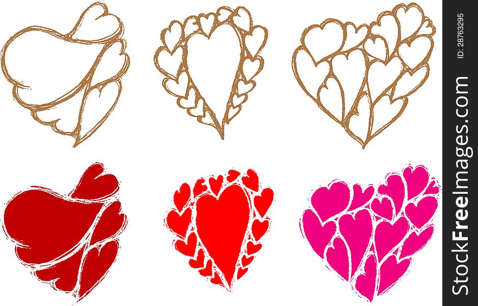 Variations of Hand drawn sketch of heart cluster artwork. Variations of Hand drawn sketch of heart cluster artwork.