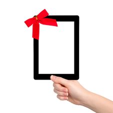 Female Hands Holding A Tablet With Isolated Screen And A Red Gif Stock Photos
