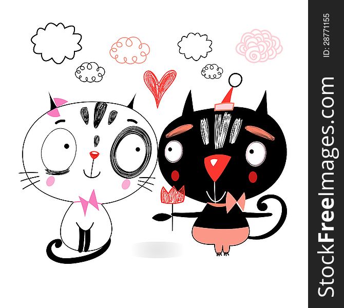Funny love cats on a white background with clouds. Funny love cats on a white background with clouds