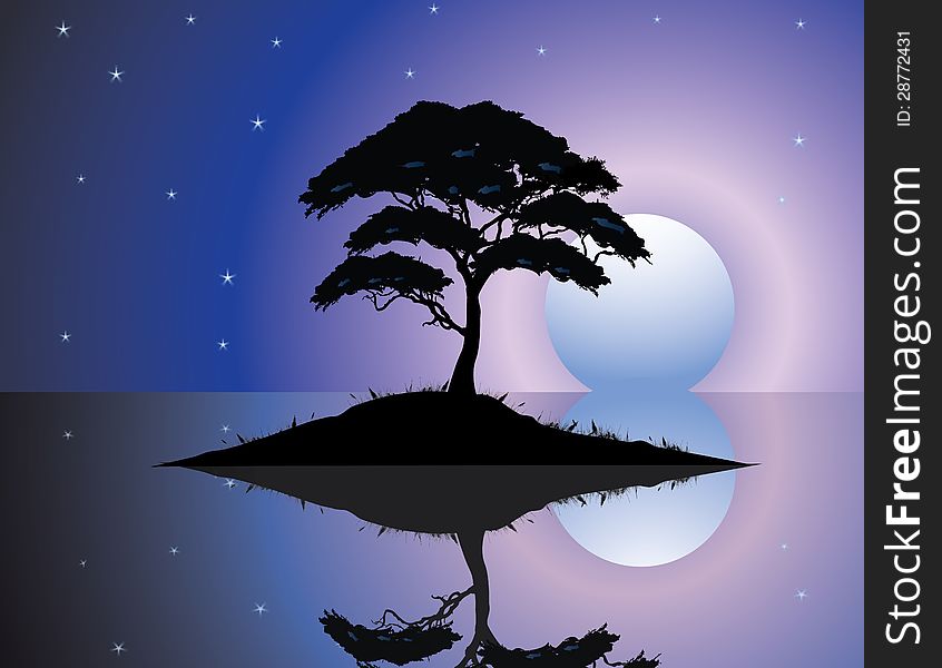 Illustration of Black silhouette of old tree at night scene