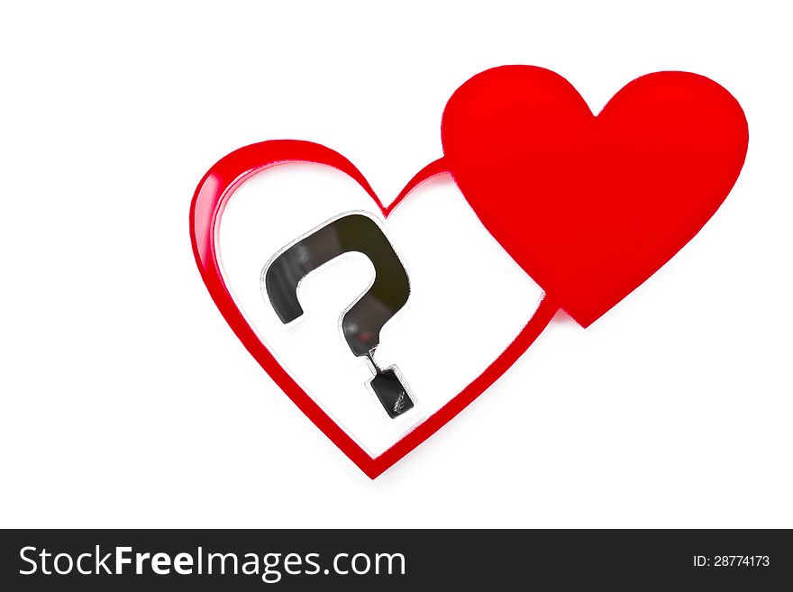 Two heart shapes with a silver question mark inside of the one of them isolated on white. Two heart shapes with a silver question mark inside of the one of them isolated on white.
