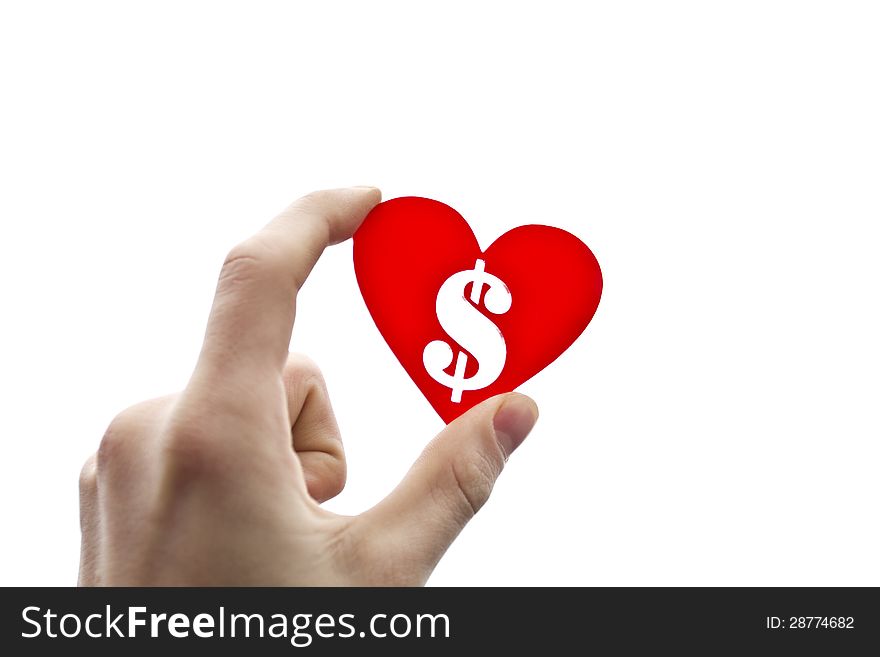 Hand holding red heart shape with a dollar sign inside. Hand holding red heart shape with a dollar sign inside.