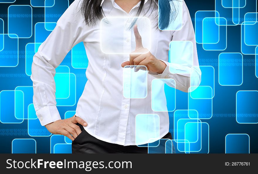 Woman hand pushing a button on a touch screen interface. Woman hand pushing a button on a touch screen interface