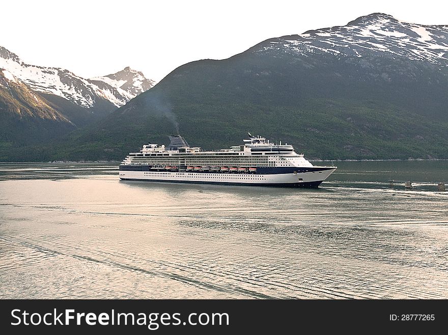 Cruise ship entering the port of Skagway, Alaska from the Inside Passage waterway