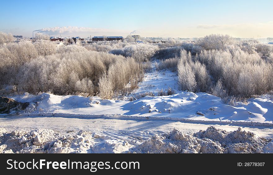 Winter cityscape. Frosty December. Omsk.