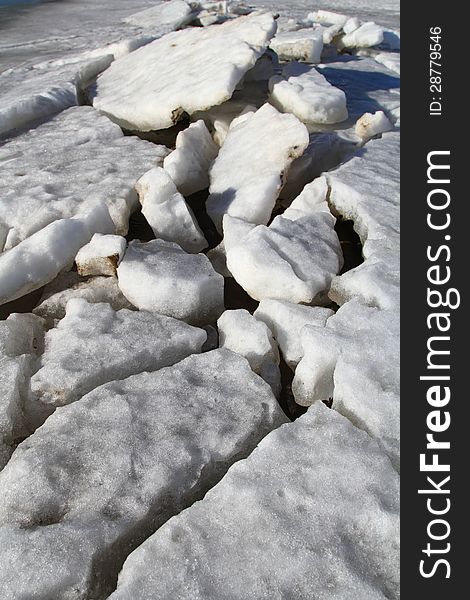 Large broken chunks of ice caused by a ice jam. Large broken chunks of ice caused by a ice jam.