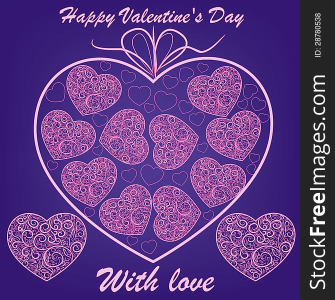 Vector pink hearts on blue background