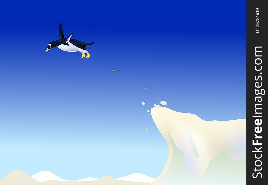 Penguin jump from ice mountain