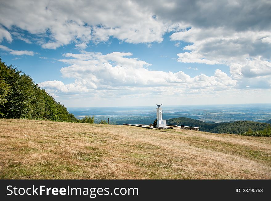 Beautiful mountain landscape with monument