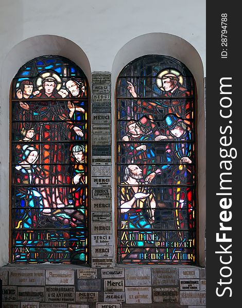 Catholic stained glass window. Church.